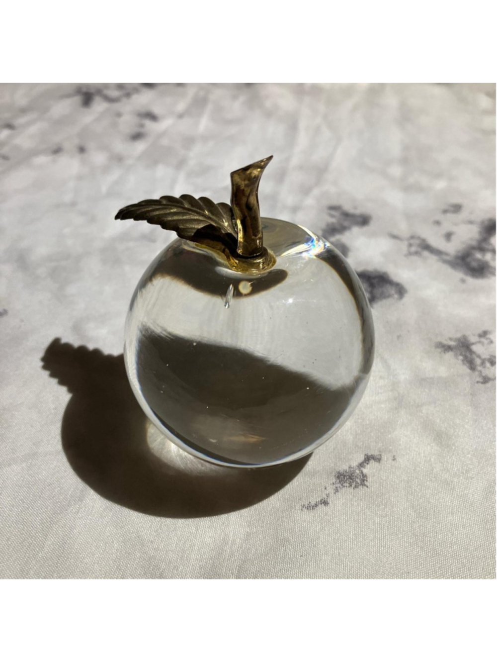 Vintage clear glass and brass apple paperweight